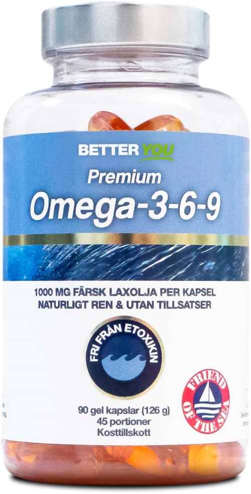 A bottle labeled 'Premium Omega-3-6-9' contains fish oil capsules, with details about dosage and health benefits.