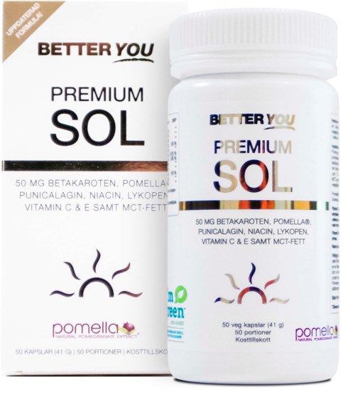 Een fles supplement genaamd 'Better You Premium Sol' met ingrediënten onderaan, zonlogo en POMELLA-merk.