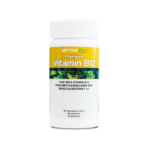 En vit flaska med gul etikett som säger 'Vitamin B12' och nämner broccoliextrakt och 1000 MCg dosering.