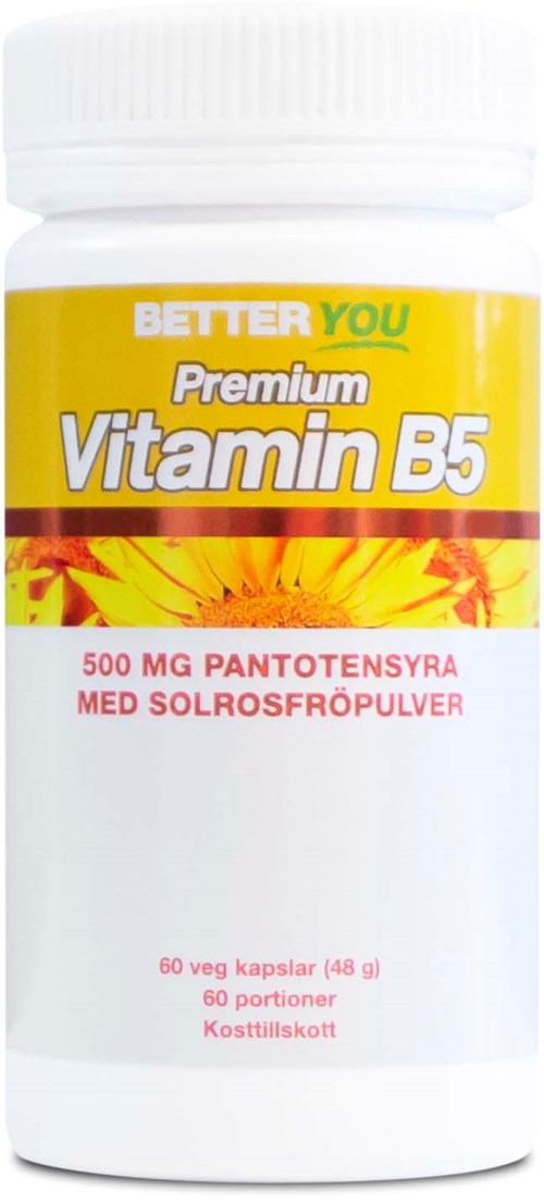 En vit flaska med gul etikett som säger 'Vitamin B5' och en röd rand, innehållande 60 kapslar för hudhälsa.