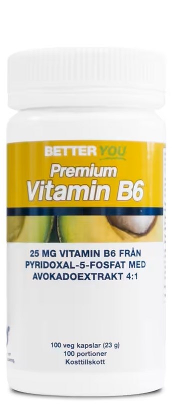 A white bottle with a yellow label reading "Better You Premium Vitamin B6" and information in smaller text.