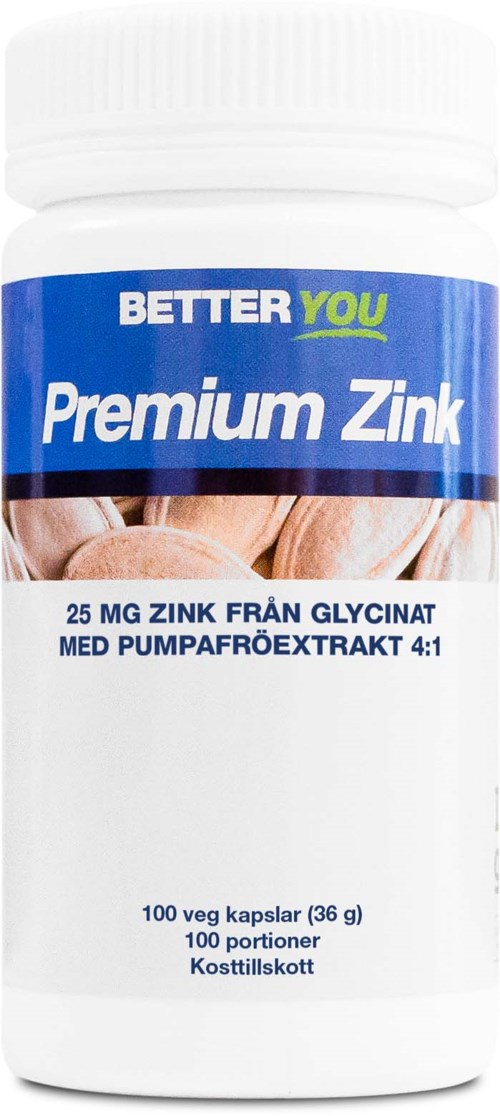 A supplement bottle labeled 'Premium Zinc' from Better You with 100 capsules. Contains zinc from glycine, plus pumpkin seed extract.