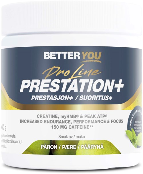 A container of Prestaion+ supplement for endurance and focus, with green leaf design and text in multiple languages.