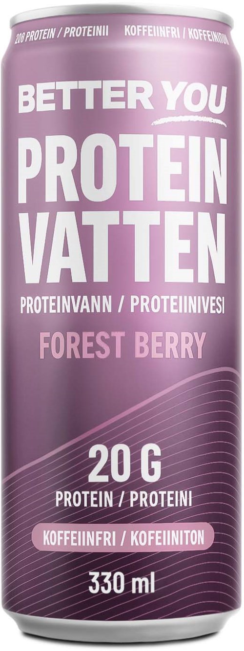 Eine lange lila Dose mit weißen und rosa Text, die Waldbeeren-Geschmack von Proteinwasser bewirbt, enthält 20 g Protein.