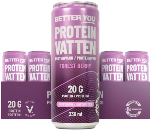 Violetti tölkki, jossa lukee "Better You Protein Vatten" ja maku "Forest Berry", 20g proteiinia, 330ml, vegaanimerkintä.
