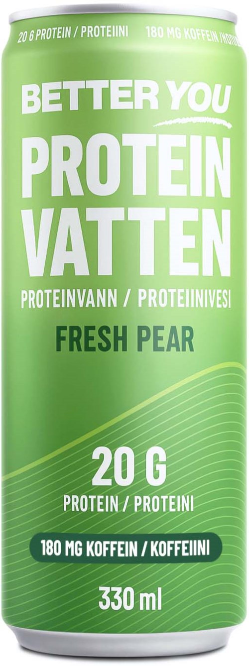 Eine grüne Dose mit der Aufschrift 'Better You Protein Wasser' mit Geschmack 'Fresh Pear', enthält 20g Protein, Koffein, 330ml.