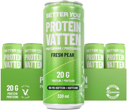Grüne Dosen mit weißen Text, beschriftet 'Better You Protein Vatten,' Geschmack 'Fresh Pear,' enthält 20g Protein, 180mg Koffein.