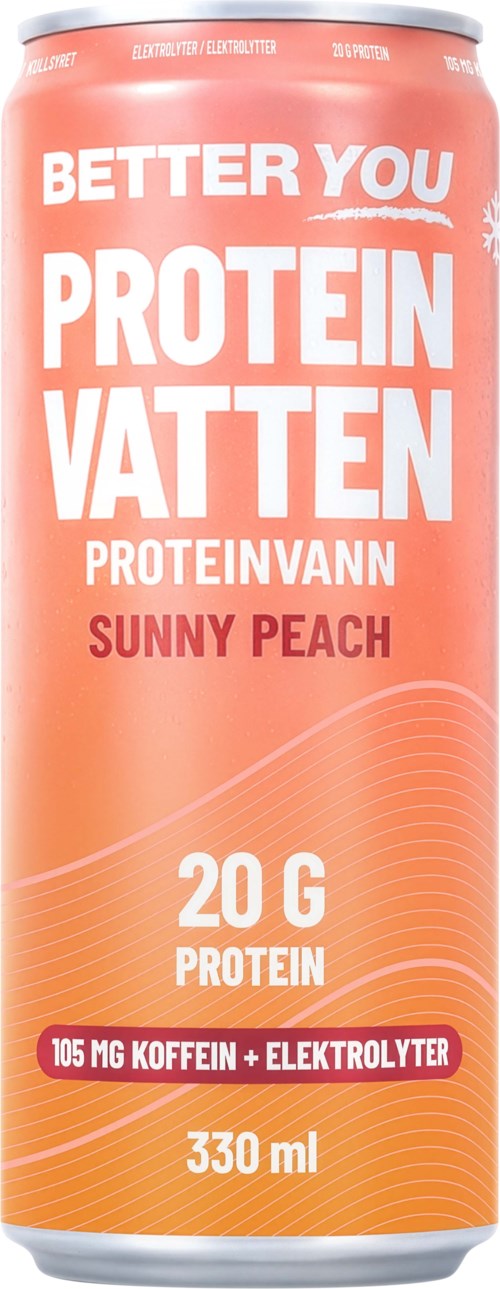 En burk med proteinvatten märkt Better You, Sunny Peach smak, innehåller 20 gram protein och elektrolyter.