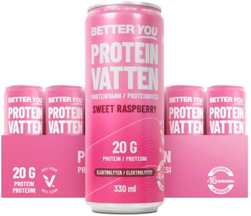 Vaaleanpunaiset tölkit, joissa on valkoista ja mustaa tekstiä, mainostavat proteiinivettä makean vadelman maulla ja 20 g proteiinia per tölkki.