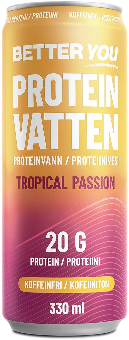 Eine Dose Tropical Passion Proteinshaker, 20g Protein, koffeinfrei, 330ml, gelb-violett Farbverlauf.