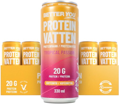 Fünf Dosen und eine größere Dose Proteinwasser mit tropischem Geschmack, 20 Gramm Protein, 330 ml, koffeinfrei.