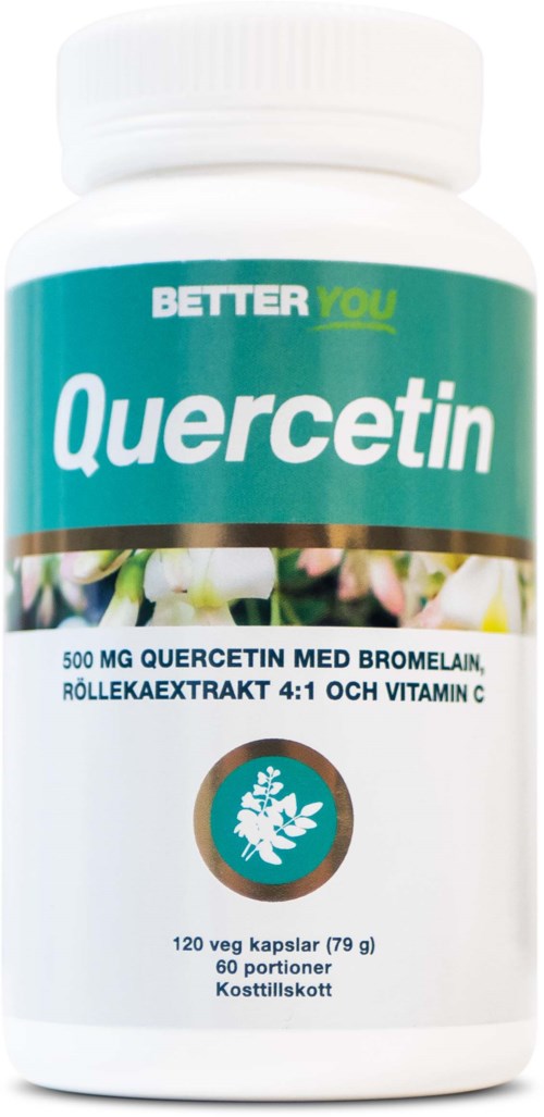En flaske merket Quercetin med doseinformasjon og ingredienser, inkludert blomstre og kapsler.