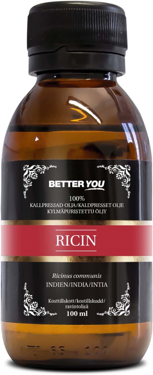 A small brown bottle labeled 'Ricin' with black and pink design, containing a liquid supplement from India for health.