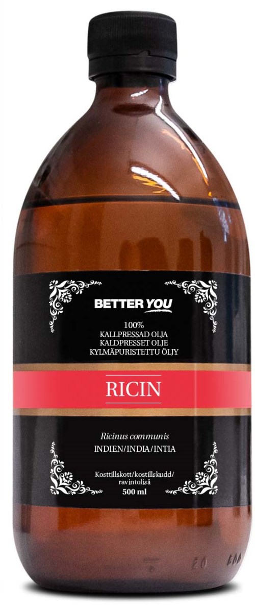 En brun plastflaska med svart lock, etiketten säger 'Better You Ricin' och innehåller 300 ml ricinolja.