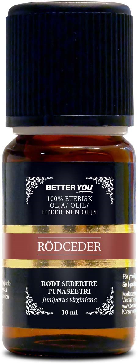 Pieni tumman ruskea pullo mustalla korkilla, etiketti kertoo, että se on punapetäjä eteerinen öljy, 10 ml.