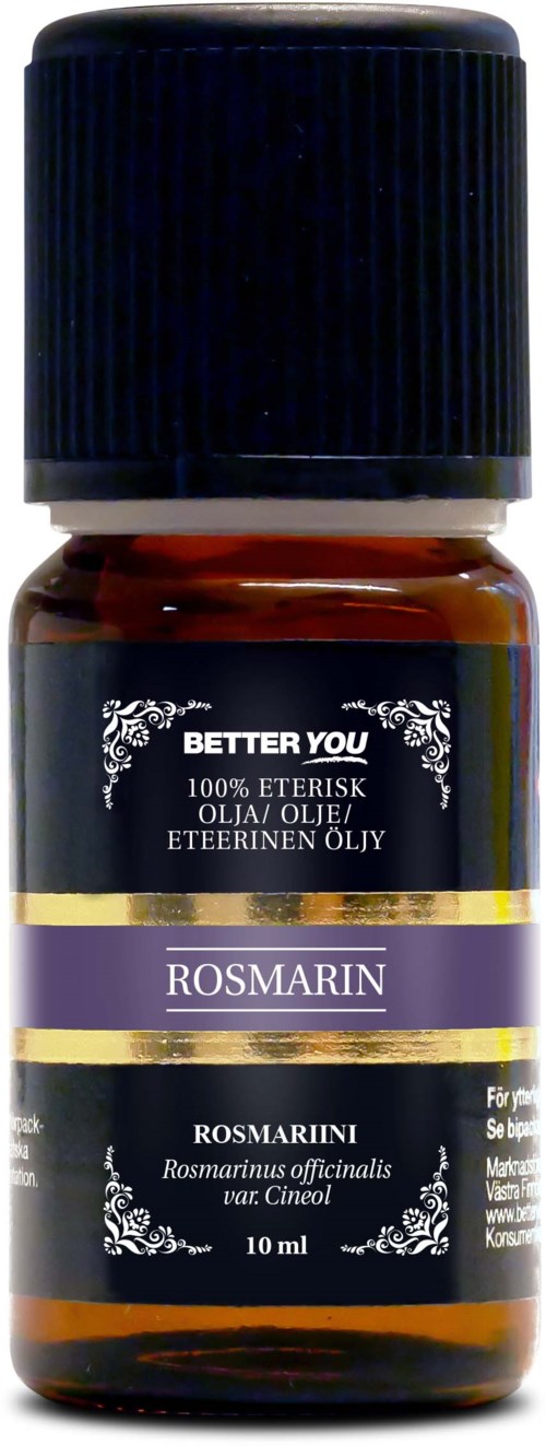 Small brown bottle with a black cap, labeled 'Rosmarin' for rosemary essential oil, 10ml volume.
