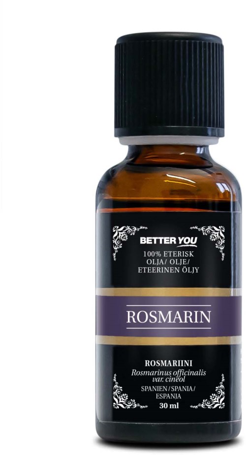 Liten brun flaska med svart lock, märkt som rosmarinolja, 30 ml.