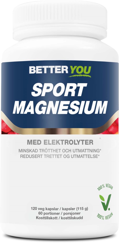 En flaske merket Better You Sport Magnesium med elektrolytter, vegansk, og designet for å redusere tretthet og utmattelse.