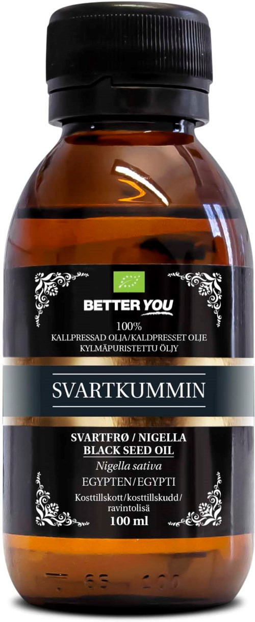 Pieni ruskea pullo, etikissä musta-siementiöljy, 100 ml. Tuote 'Better You'.