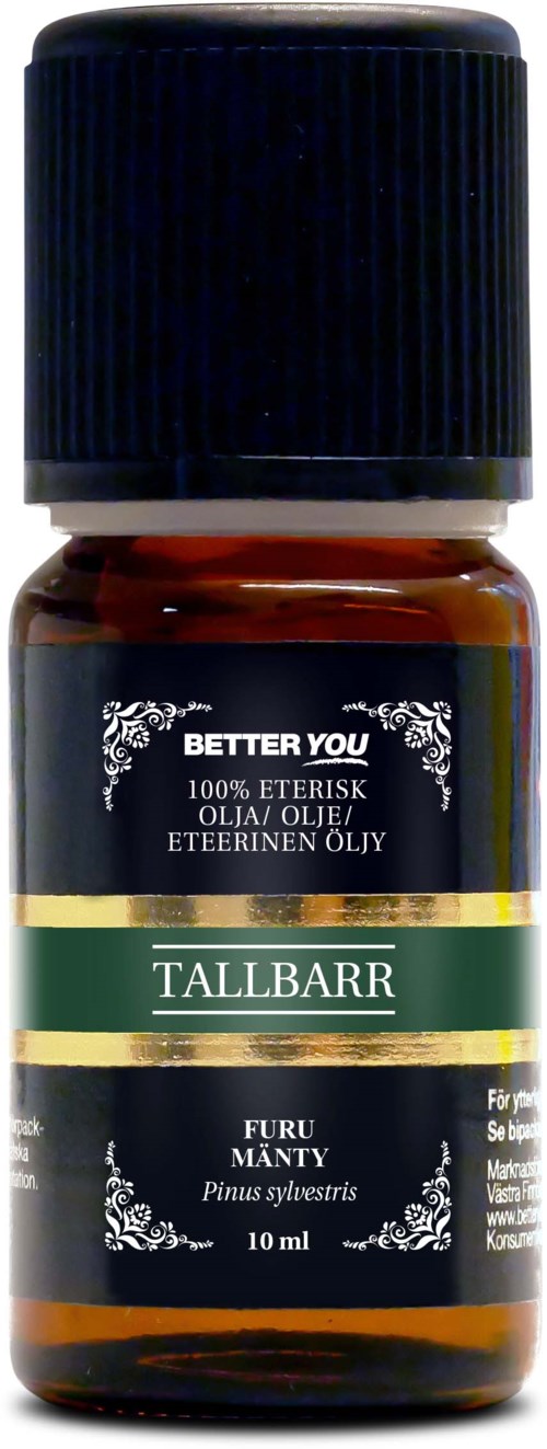 Pieni ruskea pullo mustalla korkilla, etiketti vihreä ja musta, sisältää mäntyn eteerisen öljyn.