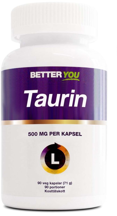 Eine weiße Flasche mit "Taurin" Aufschrift, lila und grüne Akzente, enthält 90 Kapseln à 500 mg.