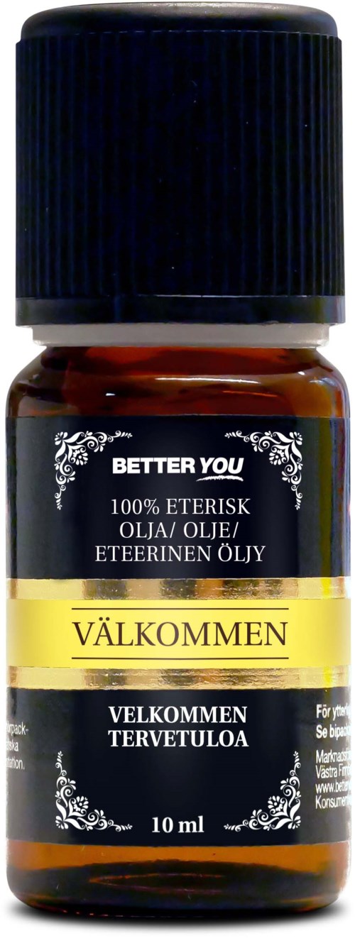 Liten brun flaska med svart lock, etiketter i svart, gult och vitt, står välkommen och naturlig olja, 10 ml.