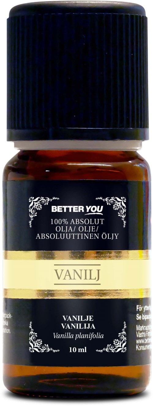 Pieni ruskea pullo mustalla korkilla, etiketti sanoo vaniljauute, 10 ml, sisältää vaniljan tuoksua.