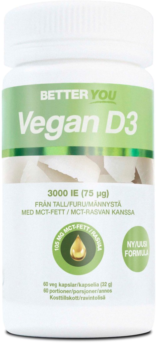 Vegan D3 supplement bottle with green and white label, containing capsules for immune support, 75 micrograms dose.
