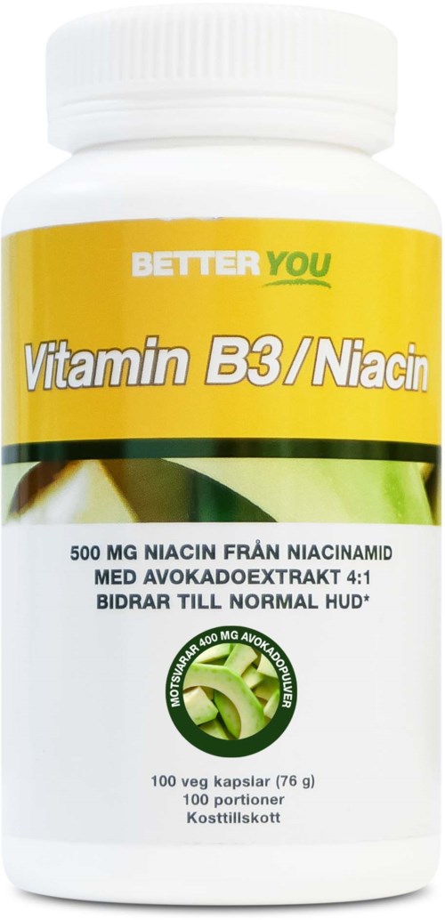 Bottle of vitamin B3/niacin supplements with green and yellow label, indicating 500 mg niacin from natural extract.