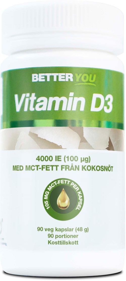 A bottle of Vitamin D3 capsules with green and white label, showing the brand 'BETTER YOU' and details in Swedish.
