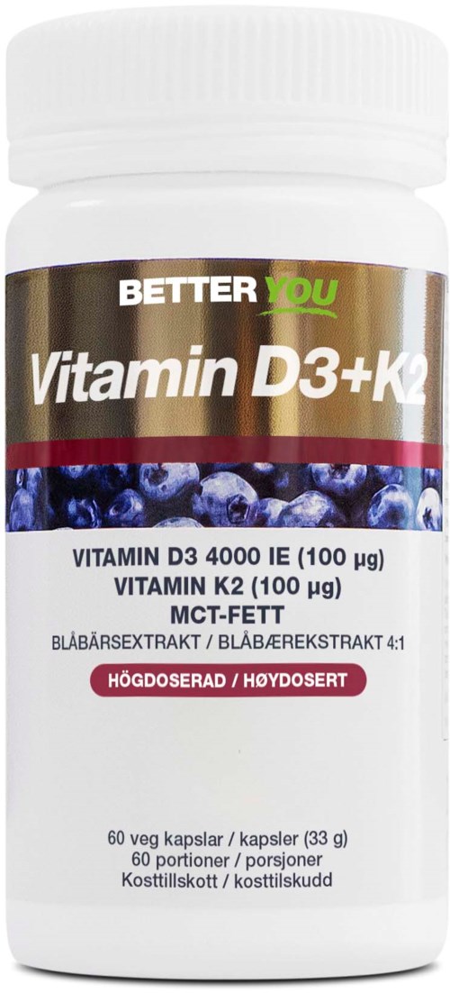 Flaska med kosttillskott med blåbär och etikettinformation om vitaminer D3 och K2.