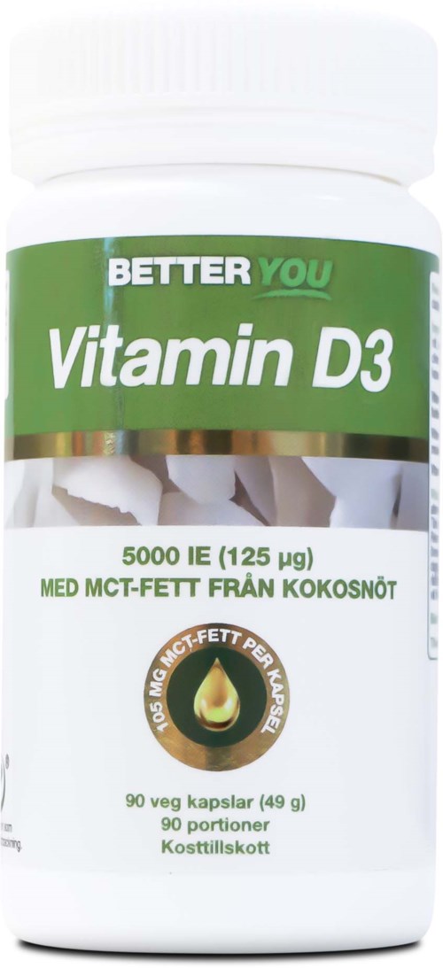 Bottle of Vitamin D3 supplements with a green and white label, mentioning 5000 IU and coconut MCT oil.