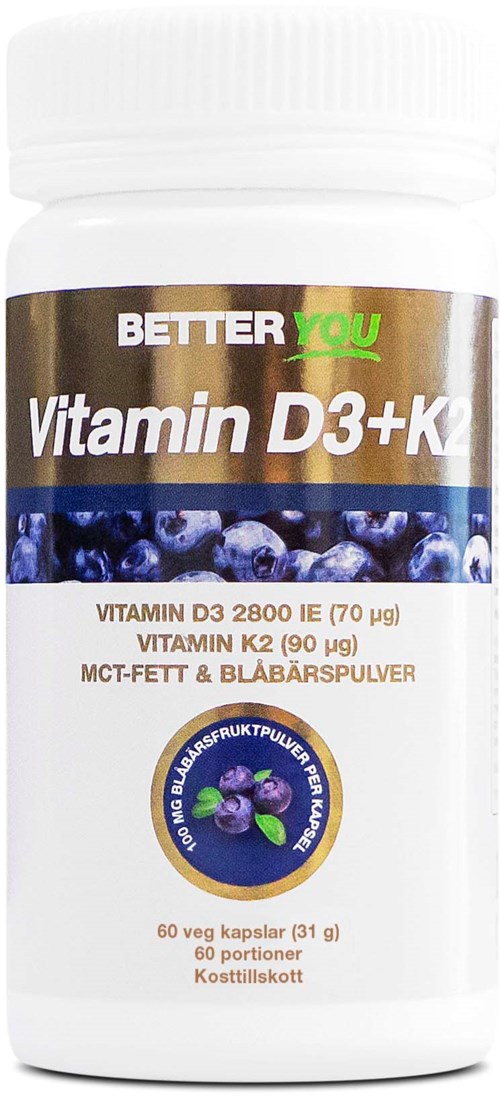 Bottle of dietary supplement with blueberries and vitamins D3 and K2, contains 60 capsules, for health support.