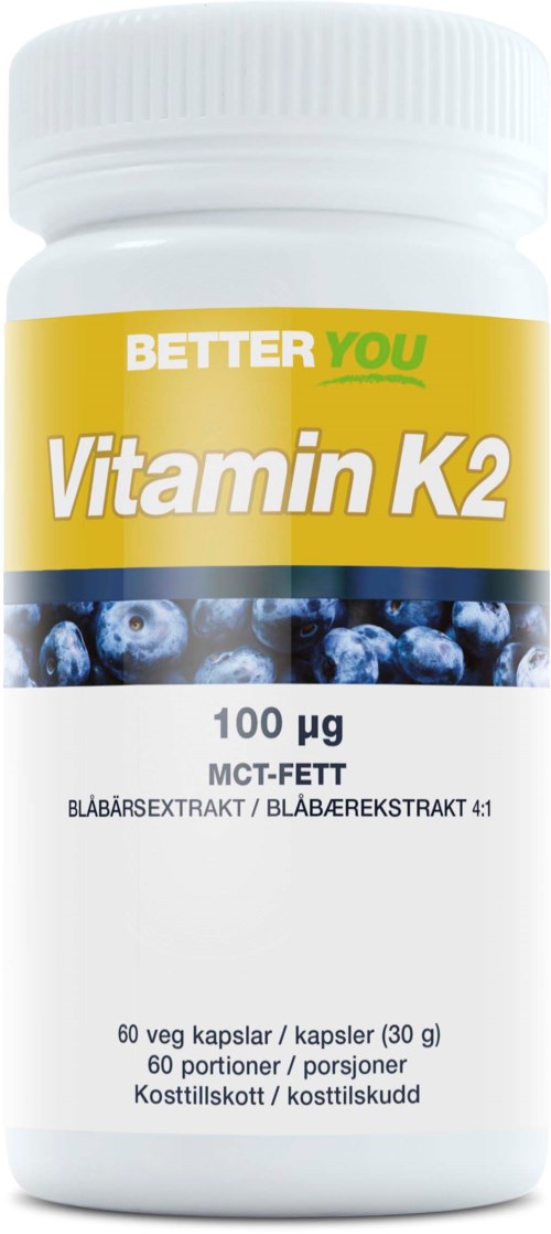 En hvit flaske med gul etikett som sier BETTER YOU Vitamin K2, blåbær ekstrakt og 60 kapsler.