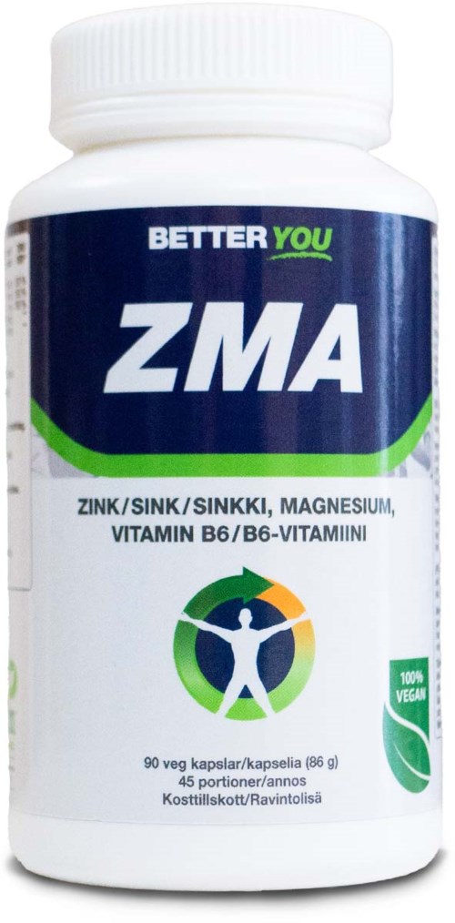 A bottle of dietary supplement containing zinc, magnesium, and vitamin B6, labeled as vegan and for health support.