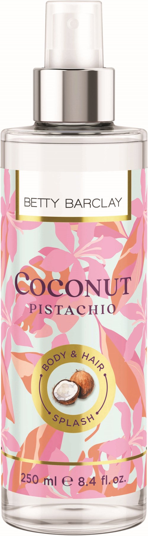Fles voor kokosnoot pistache lichaam- en haarsplash van Betty Barclay met roze bladontwerp.