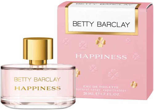Een roze parfumdoos met gouden en witte details, en een doorzichtige fles met goudkleurige dop gelabeld Betty Barclay Happiness.