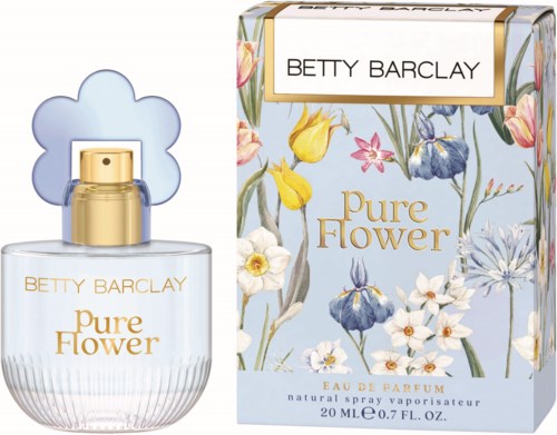 Een parfumfles met bloemenontwerpdoos, gemarkeerd Betty Barclay Pure Flower, 20ml, met gouden dop en bloemkunst.