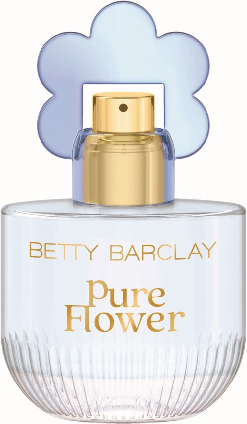 Een parfumfles met gouden spray, Betty Barclay Pure Flower, en een paarse bloemvormige achtergrond.