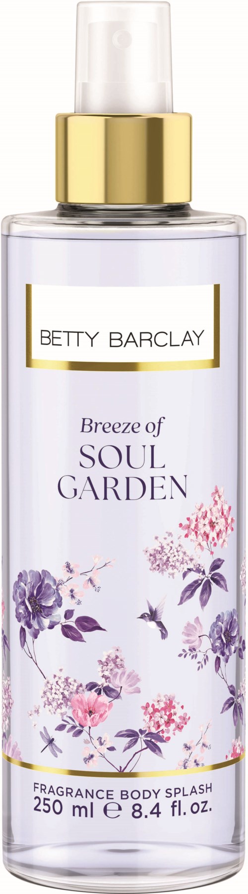 Een heldere sprayfles met gouden en witte dop, label Betty Barclay Breeze of Soul Garden, met bloemendesign.