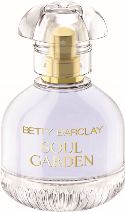 Een parfumbot met een doorzichtige glazen body en gouden en zilveren accenten, met label Betty Barclay Soul Garden.