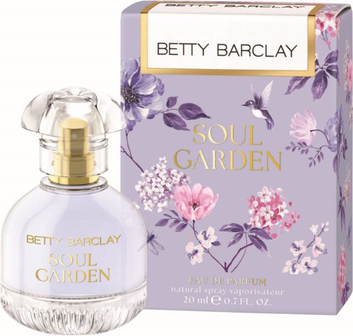 Een parfumfles en doos met paarse en roze bloemen, genaamd 'Soul Garden' door Betty Barclay.