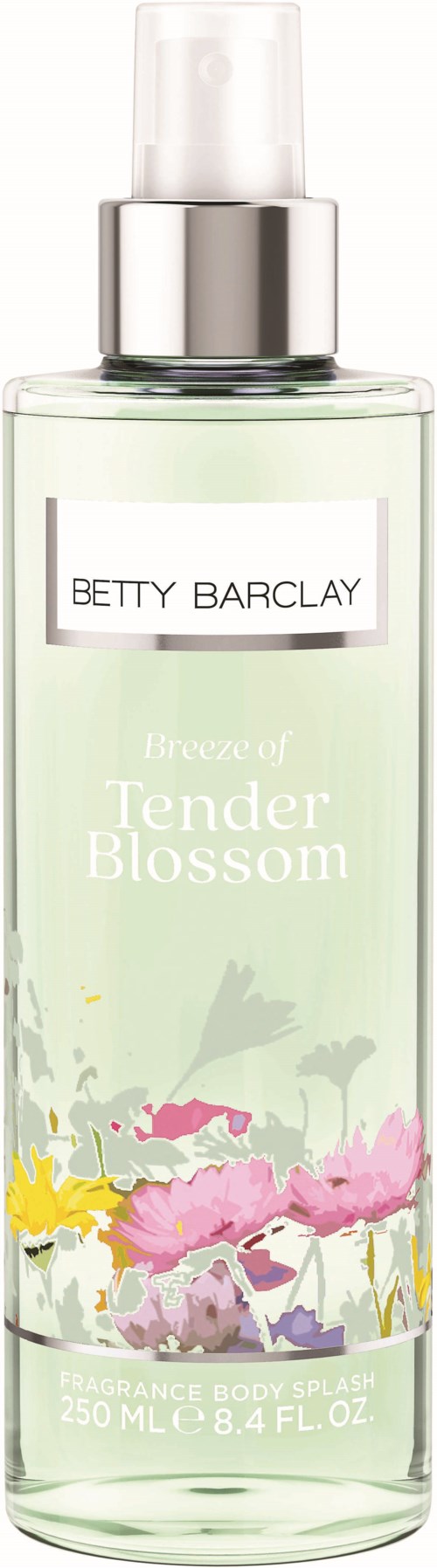 Een heldere sprayfles met een bloemenlabel, Betty Barclay Breeze of Tender Blossom, 250 ml.
