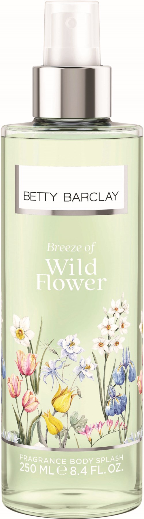 Een doorzichtige fles met spuitdop, met Betty Barclay Breeze of Wild Flower label, bevat lichtgroen vloeistof. Het heeft kleurrijke bloemenillustraties.