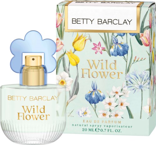 Een parfumfles met Wild Flower label en bloemenverpakking met kleurrijke bloemenillustraties.