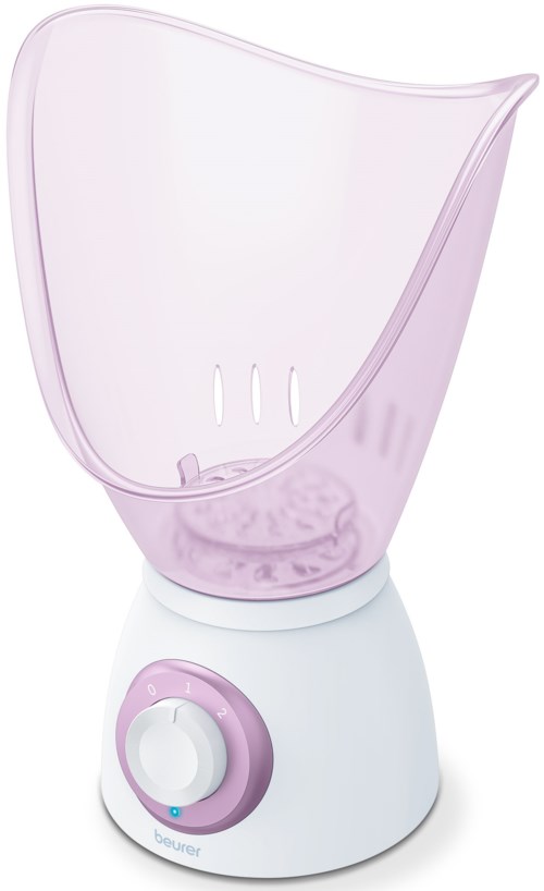 Een lichtpaarse en witte gezichts stoomapparaat met een bedieningsknop en doorzichtige masker.