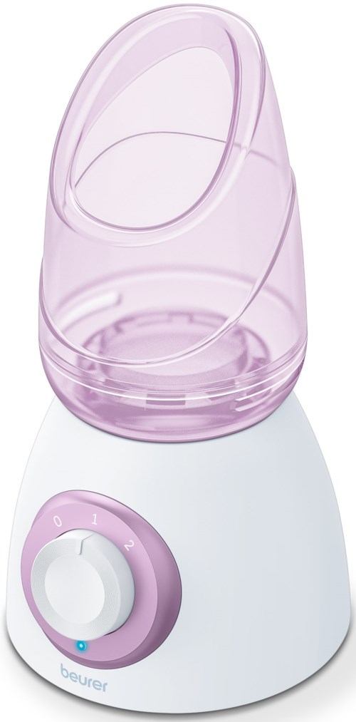Een klein apparaat met een roze doorzichtige deksel, een bedieningsknop en een witte basis, gebruikt voor stomen of verwarmen.