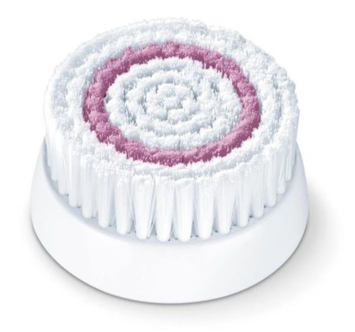 Een ronde schoonmaakborstel met witte haren en roze cirkels, op een witte basis.