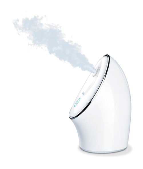 Een witte verdamper of bevochtiger die mist uitlaat, met een strak, modern ontwerp en een bedieningsknop bovenop.