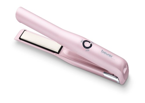 Een roze haarstijlijner met een zwarte knop en zilveren plaat voor haarstyling.